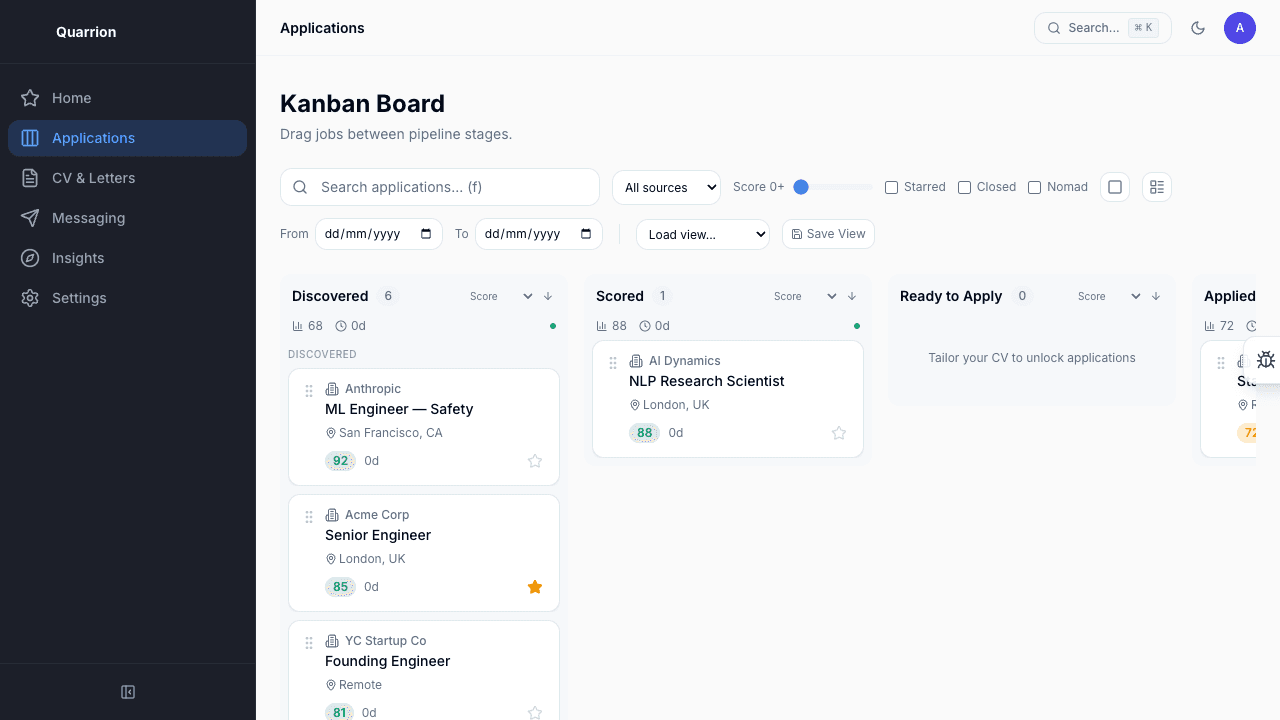 Application pipeline board with roles arranged across stage columns