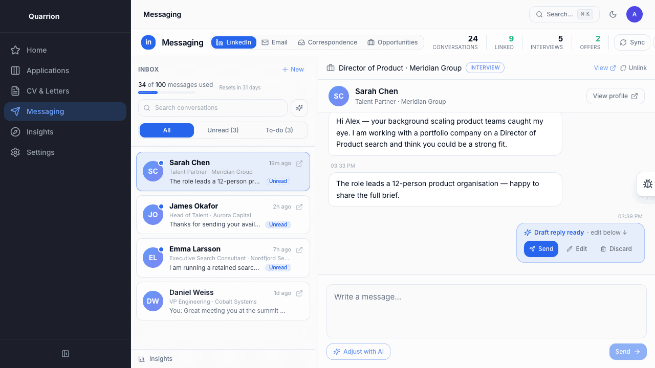 Recruiter message thread with an AI-drafted reply ready to send