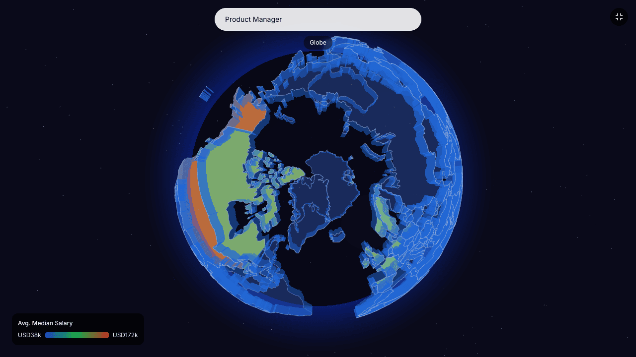 Interactive 3D globe showing salary benchmarks by city