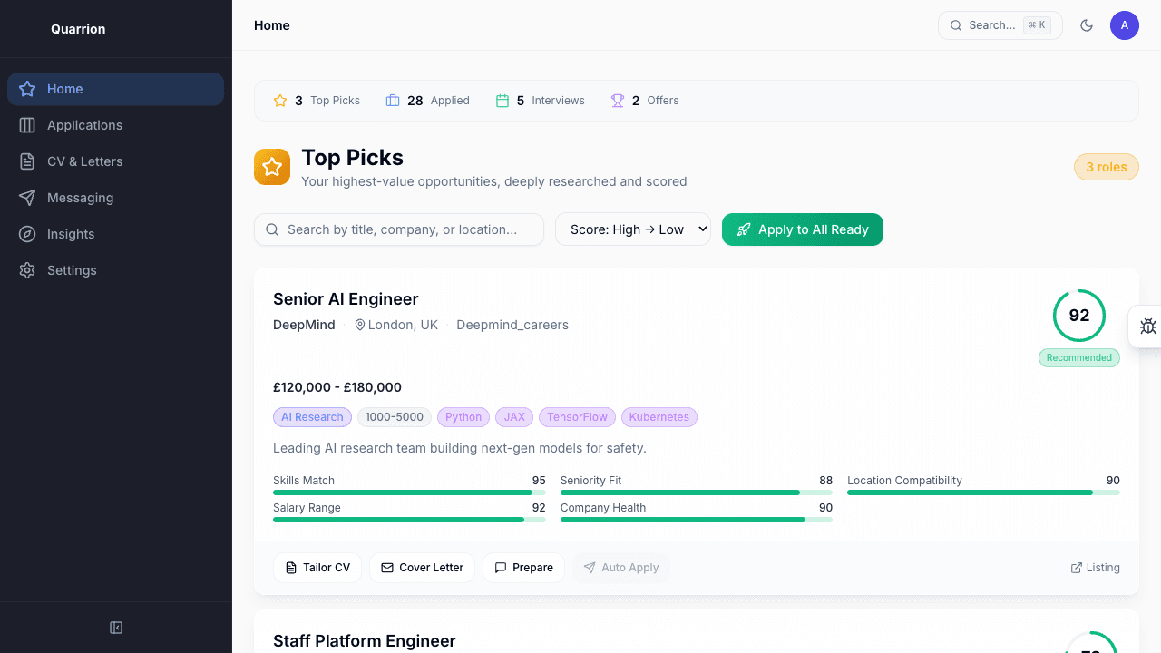 Top Picks board showing roles ranked by match score with research tags
